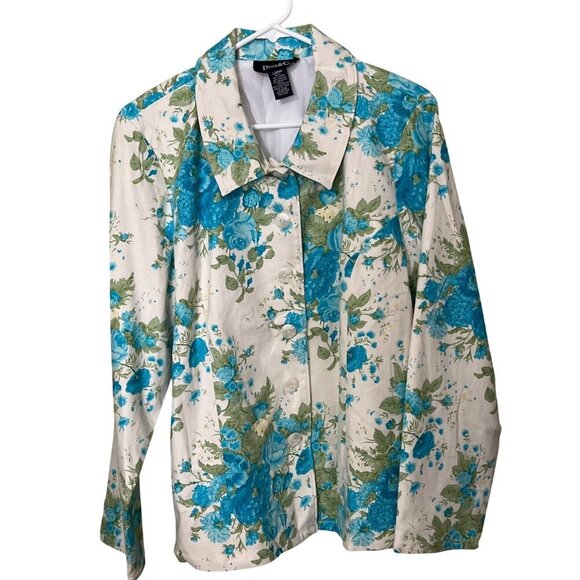 Linen Blend Floral Jacket / Blazer Large Dnim & Co Lined Beach Lagenlook Lagom - Picture 1 of 10
